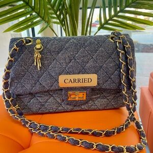 Quilted Denim Crossbody Shoulder Bag Gold Chain CARRIED